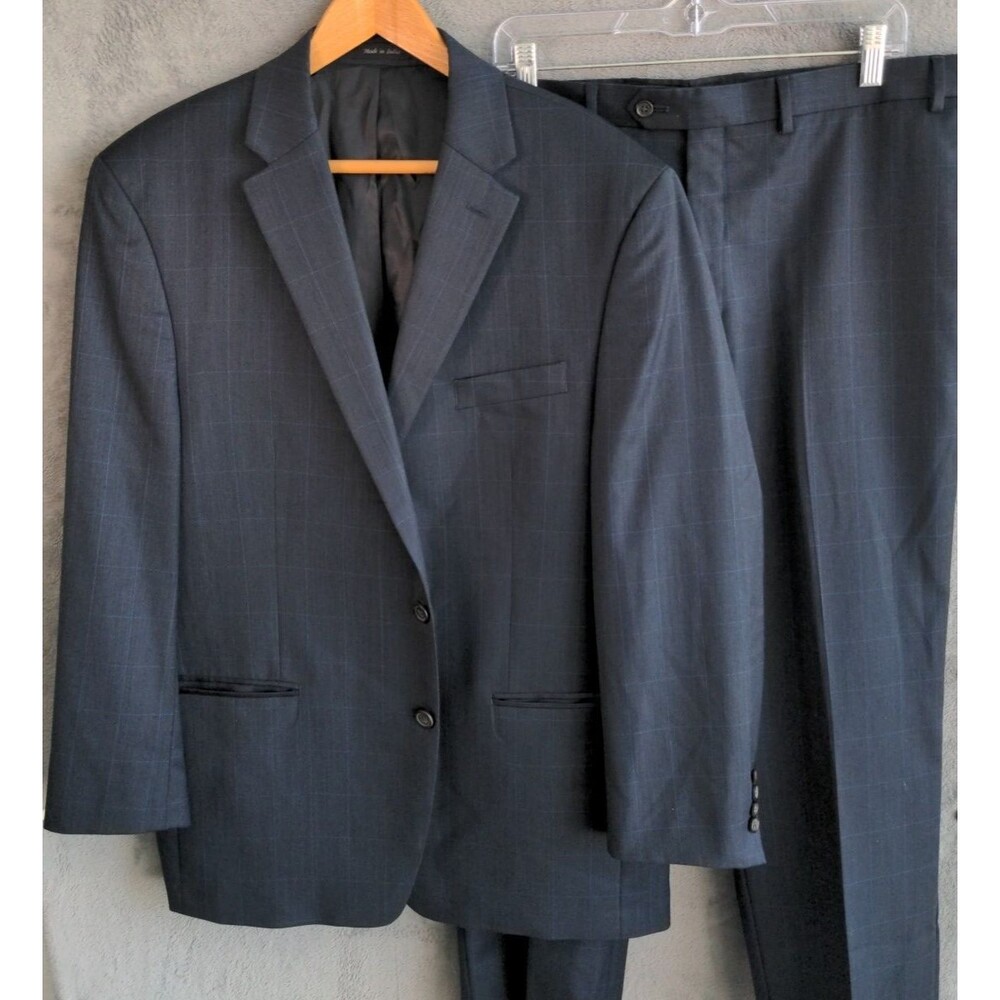 Lauren Ralph Lauren 2 Pice Suit 46R 41x29 Navy Blue Wool Windowpane Check -Read